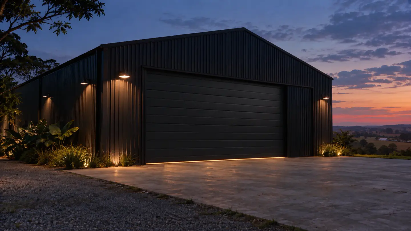 Conceito da Veldren House: um barracão preto que se abre para um interior acolhedor, com aço, madeira e luz quente.