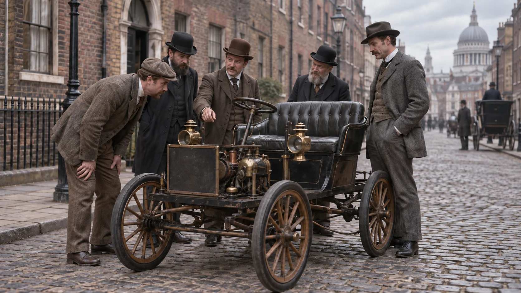 Reconstituição ilustrativa de entusiastas ao redor de um automóvel no fim do século XIX em Londres