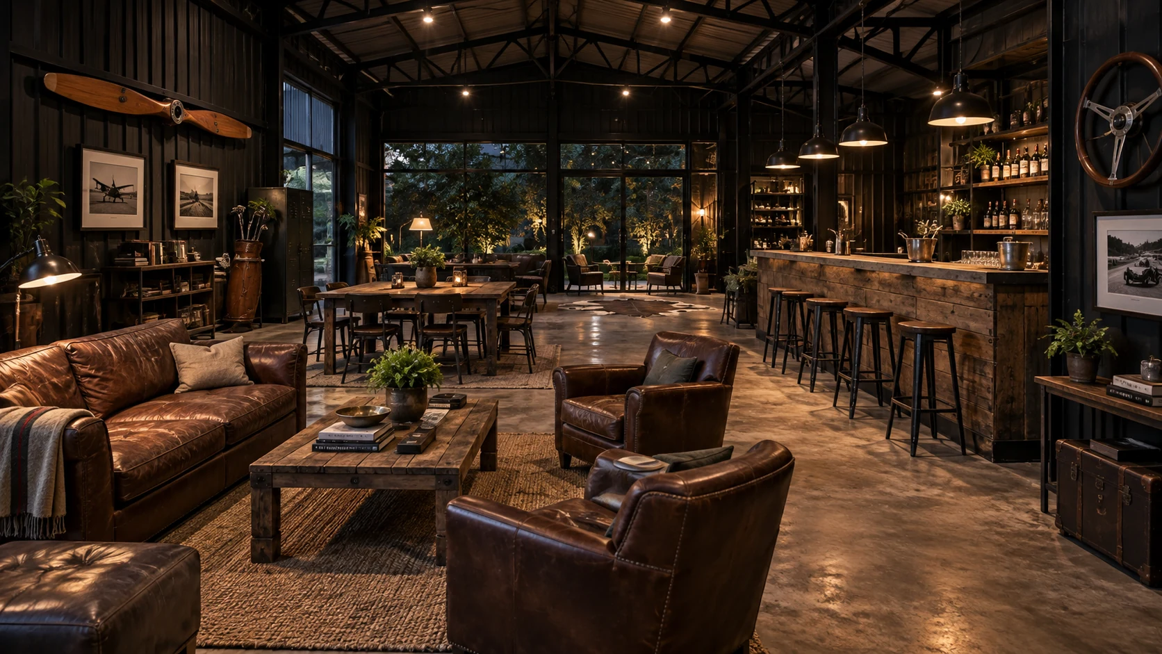 Lounge industrial com aço aparente, madeira, couro e luz quente