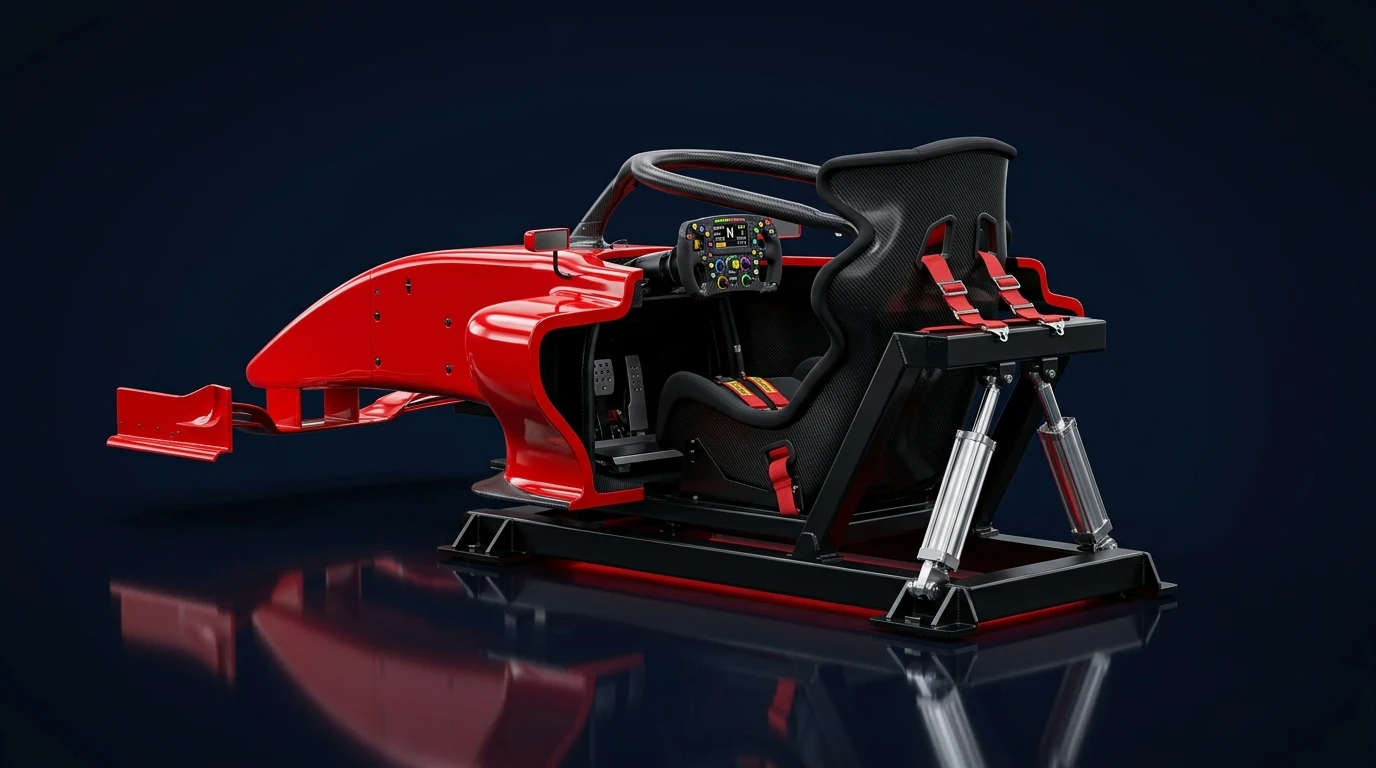 Visual conceitual do simulador One Grid: carenagem vermelha, cockpit de fórmula e plataforma de movimento
